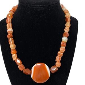 Handmade Artisan Beaded Necklace Orange White Striated Stone Beads Large Pendant